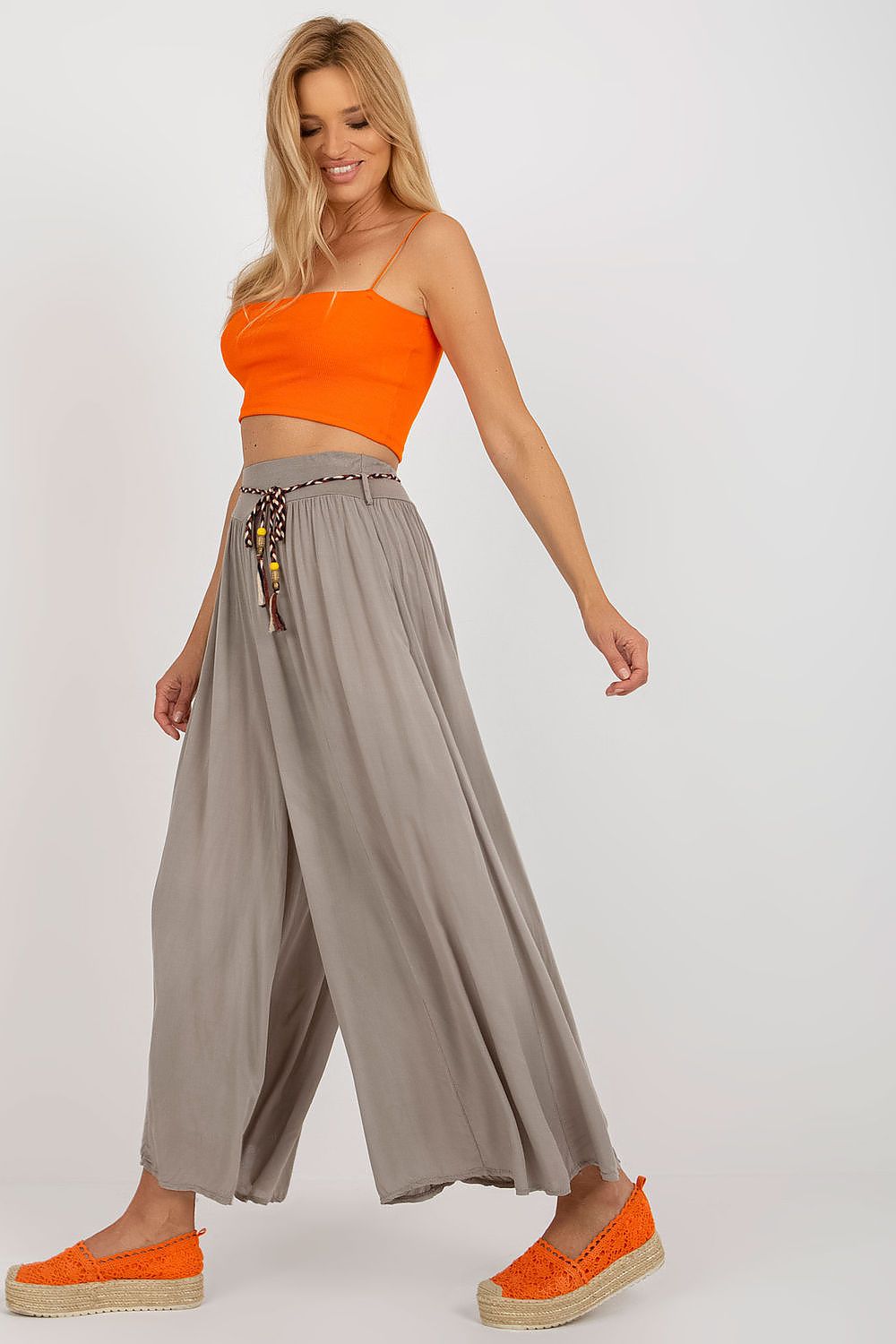 Women's High Waist Wide Leg Viscose Trousers - Elastic Waist with Tie Belt