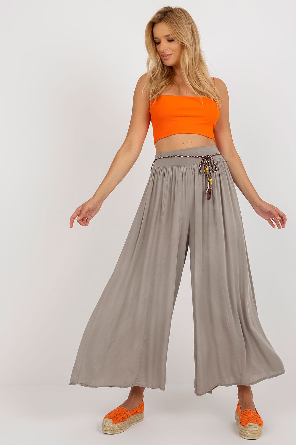 Women's High Waist Wide Leg Viscose Trousers - Elastic Waist with Tie Belt