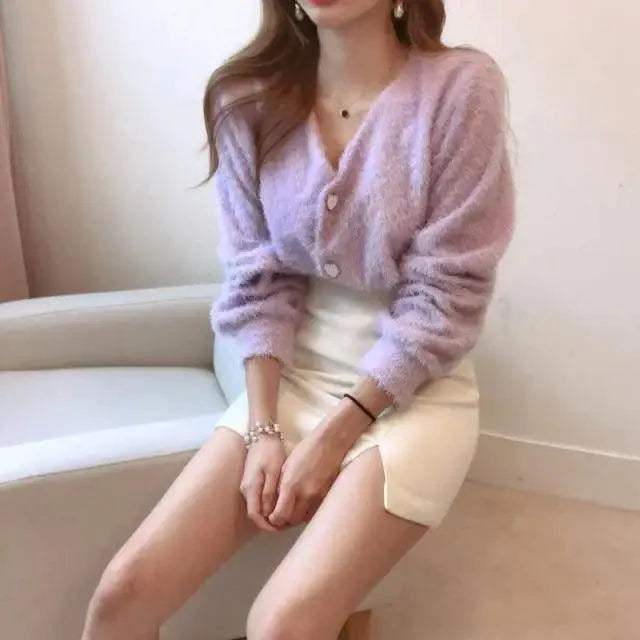 V-Neck Button Down Knit Sweater Cardigan with Contrast Accents