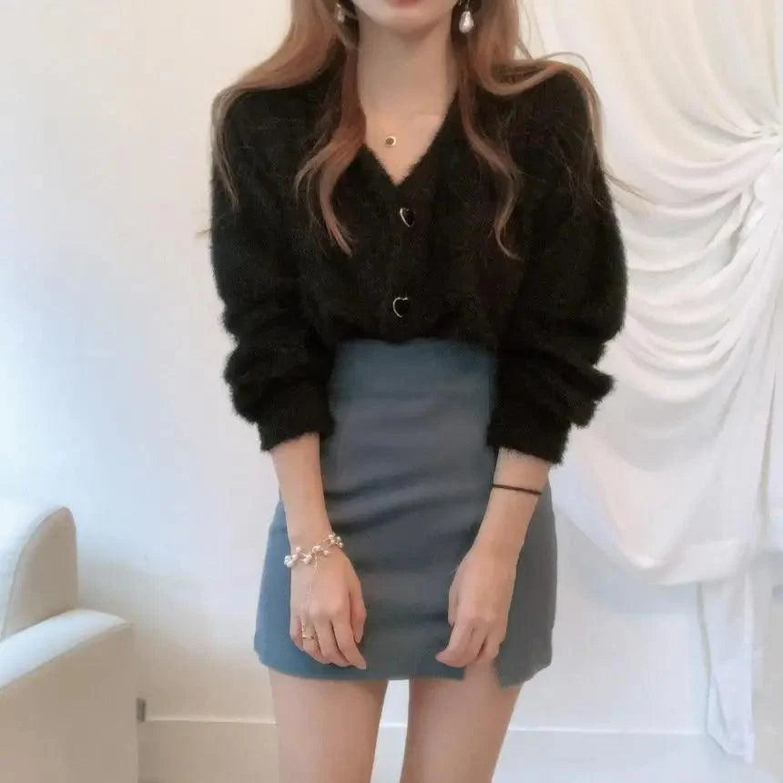 V-Neck Button Down Knit Sweater Cardigan with Contrast Accents