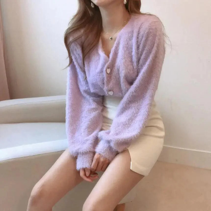 V-Neck Button Down Knit Sweater Cardigan with Contrast Accents