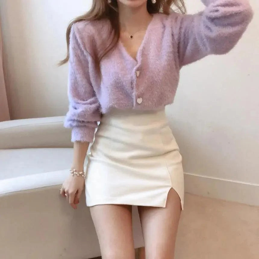 V-Neck Button Down Knit Sweater Cardigan with Contrast Accents