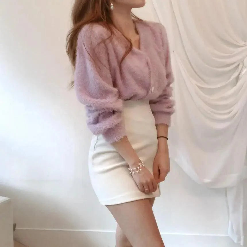 V-Neck Button Down Knit Sweater Cardigan with Contrast Accents