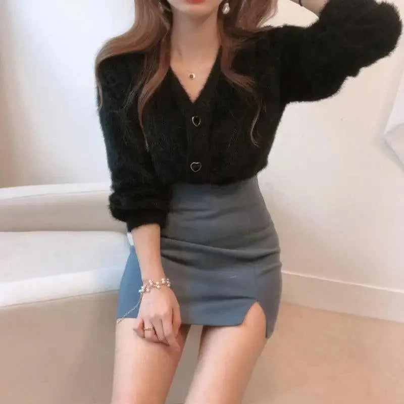 V-Neck Button Down Knit Sweater Cardigan with Contrast Accents