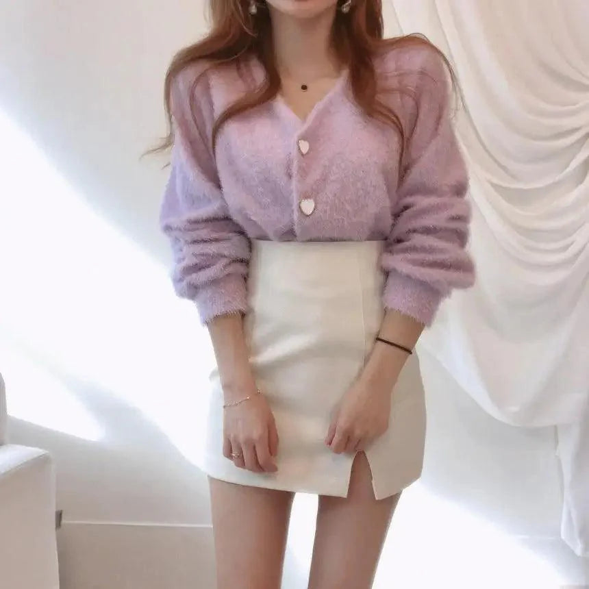 V-Neck Button Down Knit Sweater Cardigan with Contrast Accents