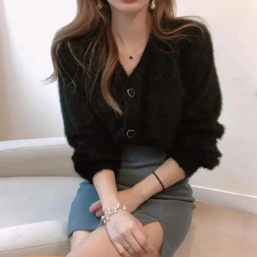 V-Neck Button Down Knit Sweater Cardigan with Contrast Accents