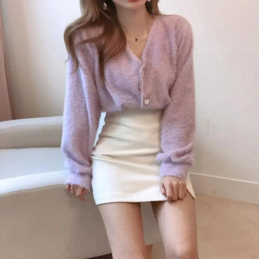 V-Neck Button Down Knit Sweater Cardigan with Contrast Accents