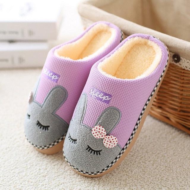 Cute purple cat-themed plush fuzzy house slippers for women with soft fleece lining