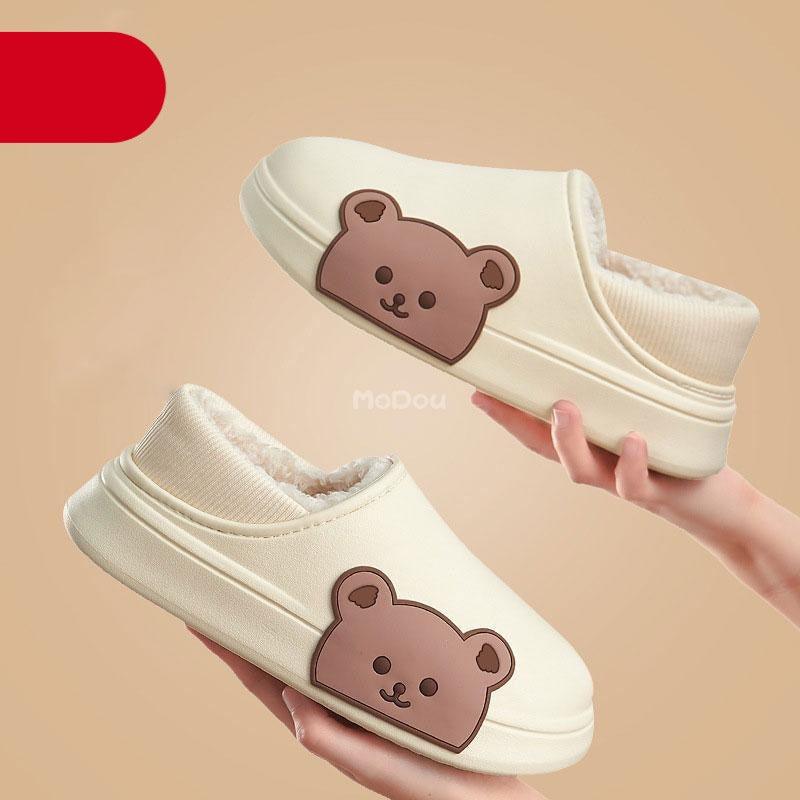 Cute bear-themed waterproof winter slippers with memory foam and non-skid EVA sole