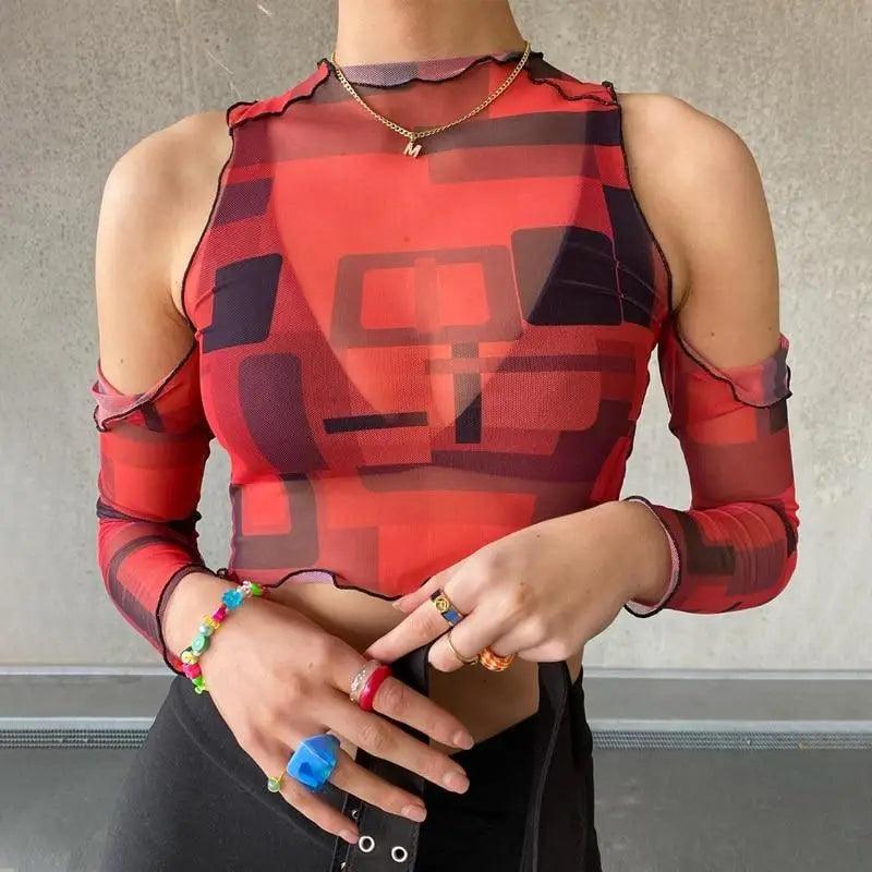 Women's Off Shoulder Mesh Long Sleeve See-Through Crop Top