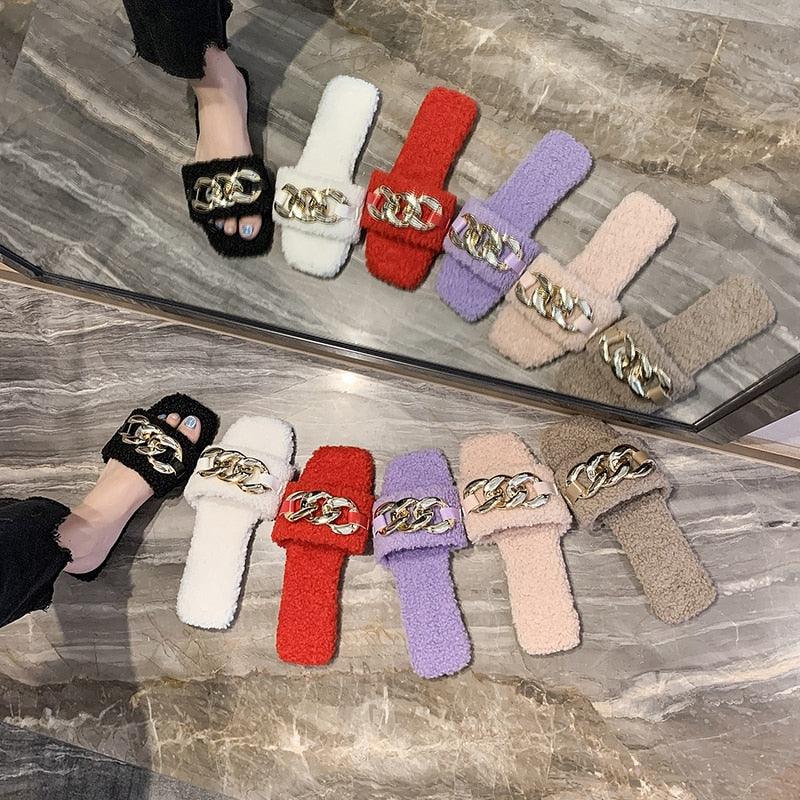 Women's Square Toe Chain Slide Sandals - Casual Flat Slip-Ons