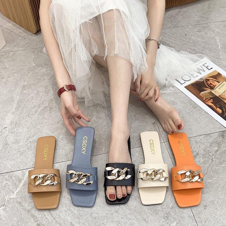 Women's Square Toe Chain Slide Sandals - Casual Flat Slip-Ons