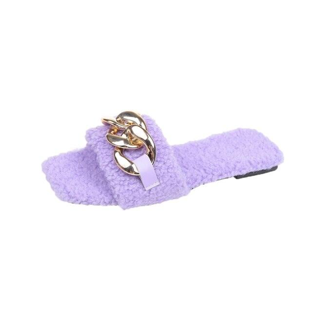 Women's Square Toe Chain Slide Sandals - Casual Flat Slip-Ons