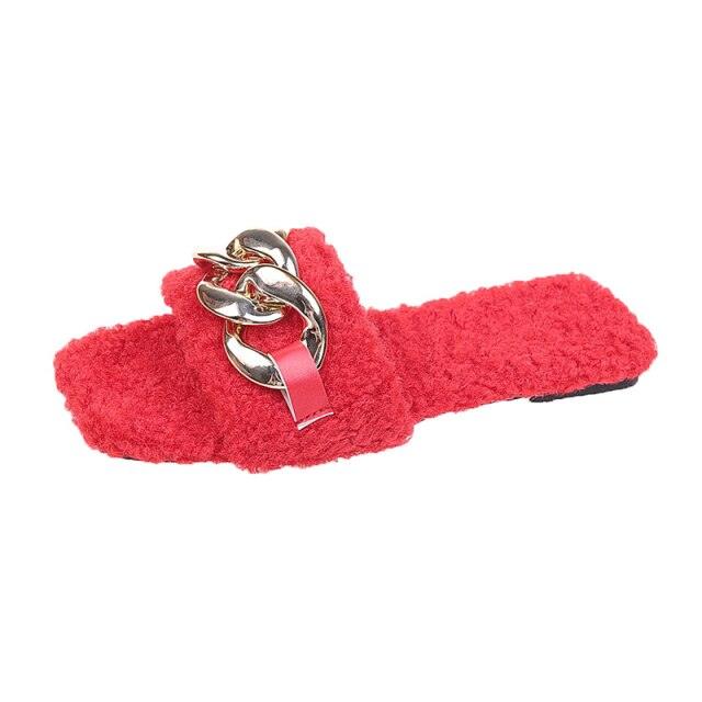 Women's Square Toe Chain Slide Sandals - Casual Flat Slip-Ons