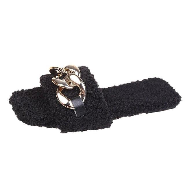 Women's Square Toe Chain Slide Sandals - Casual Flat Slip-Ons