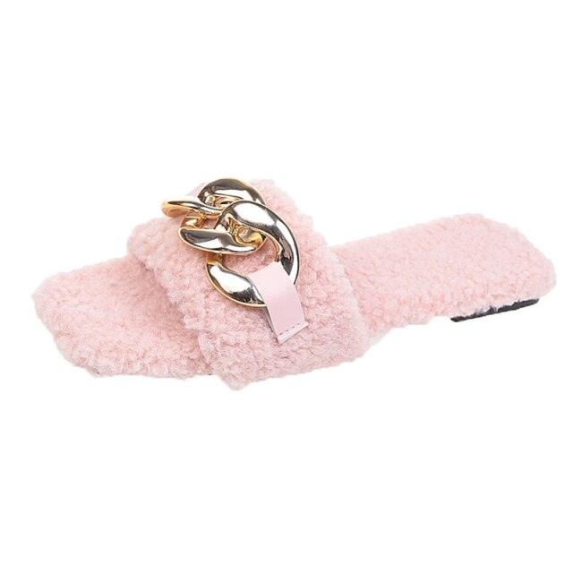 Women's Square Toe Chain Slide Sandals - Casual Flat Slip-Ons
