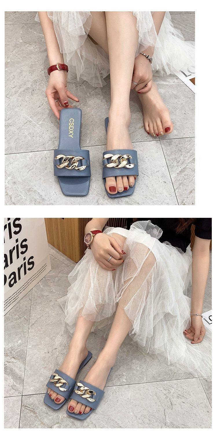 Women's Square Toe Chain Slide Sandals - Casual Flat Slip-Ons