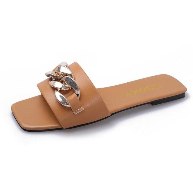 Women's Square Toe Chain Slide Sandals - Casual Flat Slip-Ons