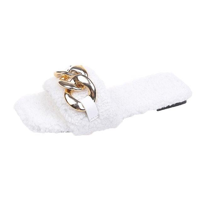 Women's Square Toe Chain Slide Sandals - Casual Flat Slip-Ons
