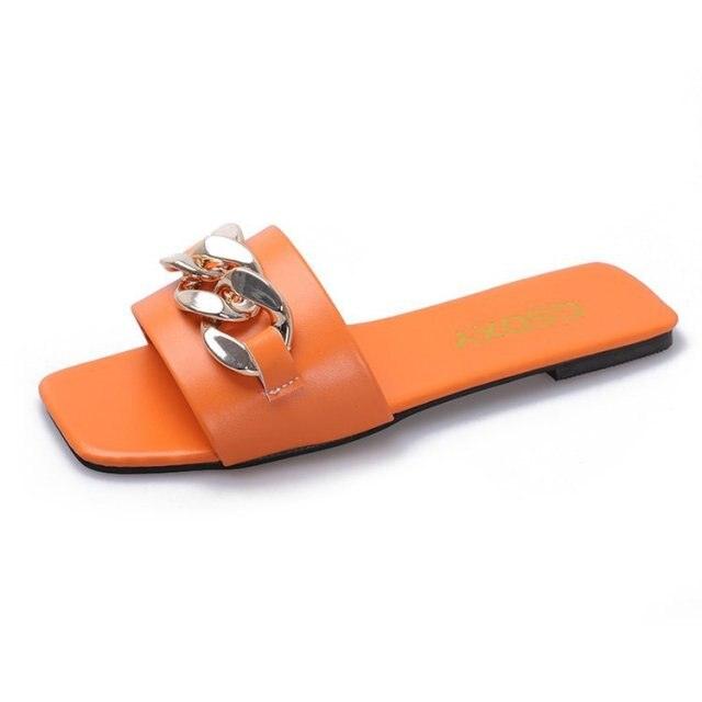 Women's Square Toe Chain Slide Sandals - Casual Flat Slip-Ons