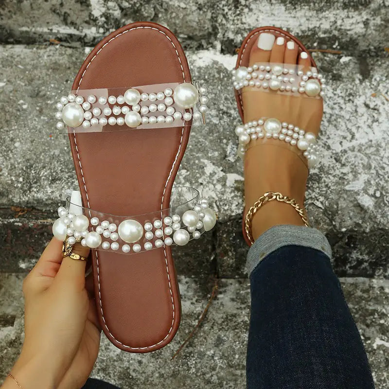 Women's Black Flat Sandals with Elegant Pearl Decor Summer Beach - Image 12
