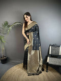 Black Lichi Silk Banarasi Saree with gold zari weaving motifs and matching blouse