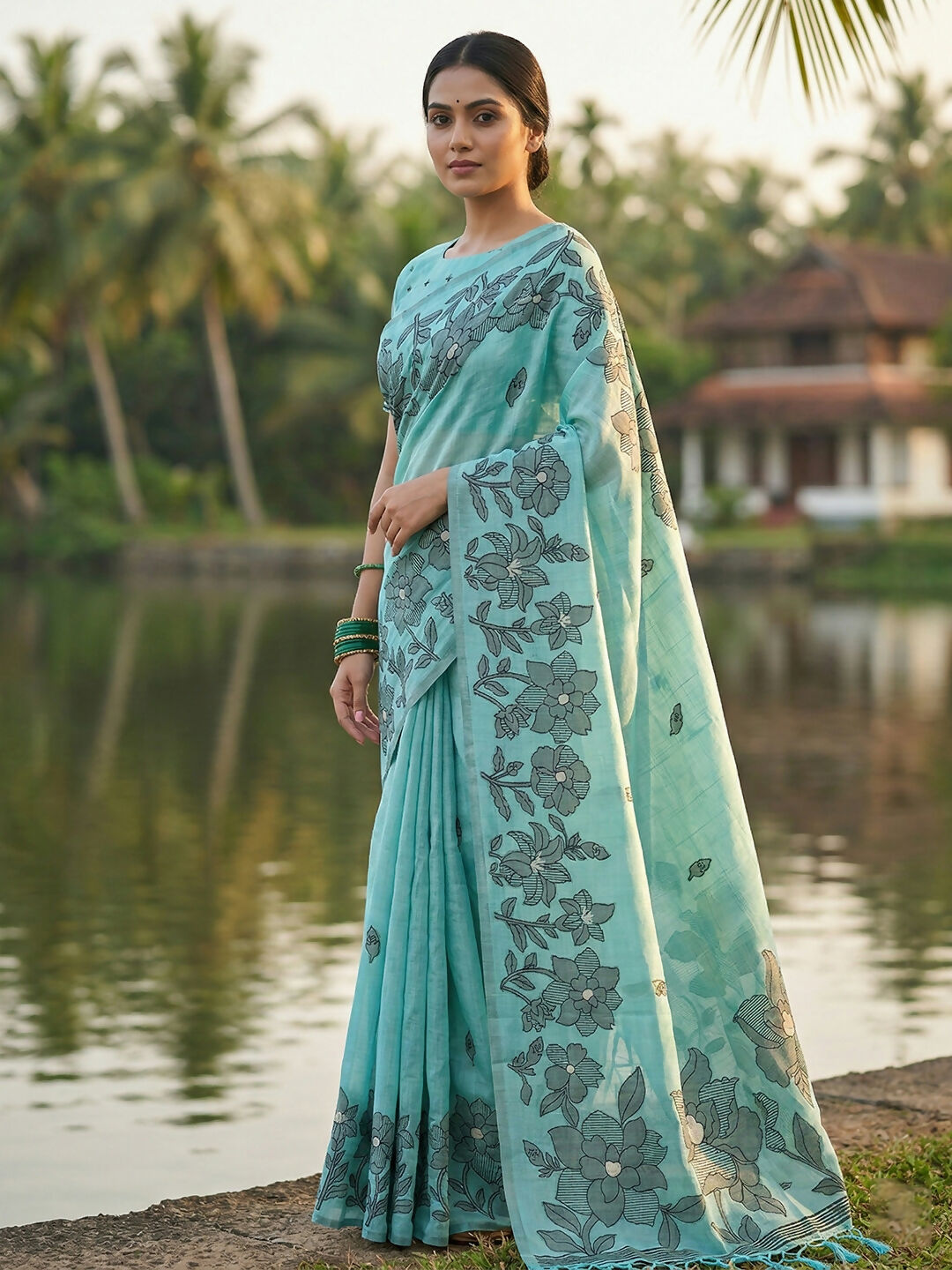 Sea Green Linen Cotton Saree with Matching Blouse