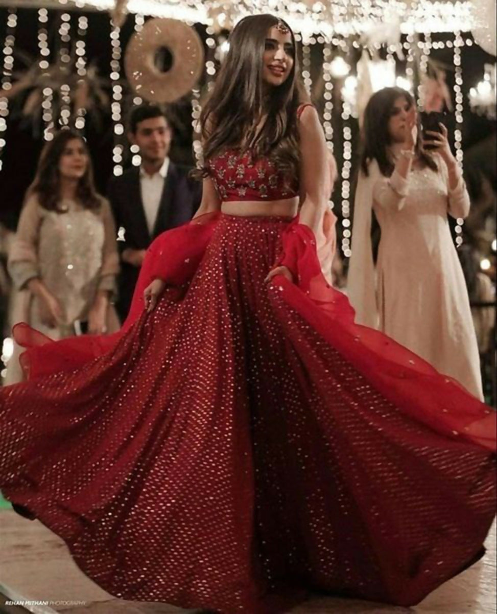Gajri Red Faux Georgette Lehenga Choli with tone-to-tone sequin and thread embroidery