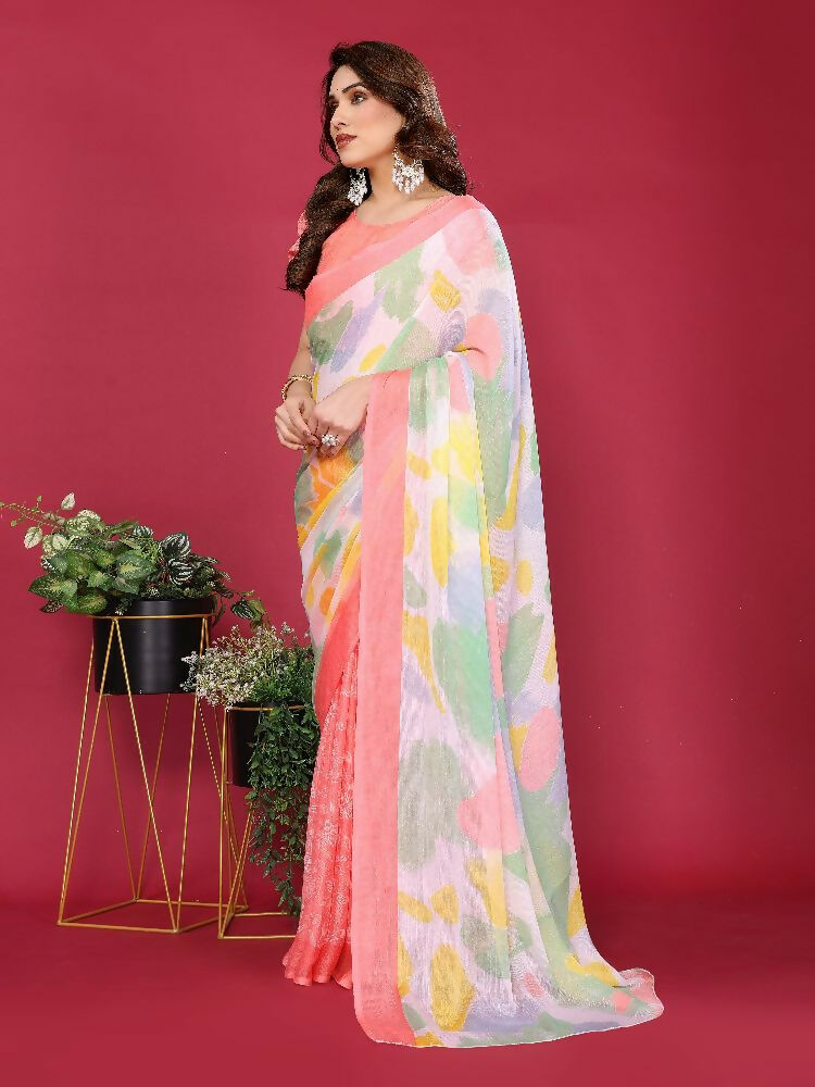 Peach Moss Chiffon Printed Saree with Matching Blouse