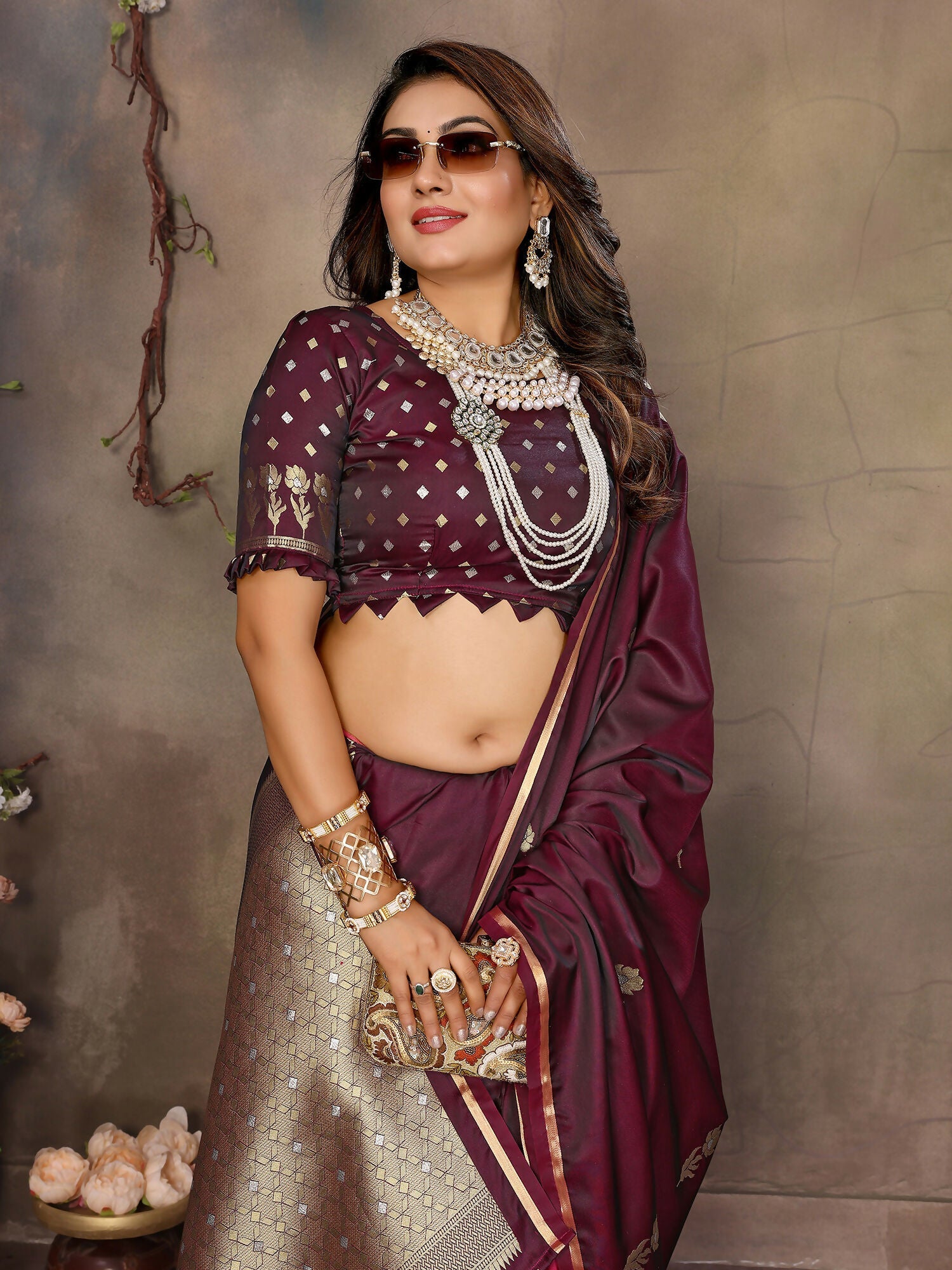 Maroon Floral and Botanical Motif Satin Silk Banarasi Saree