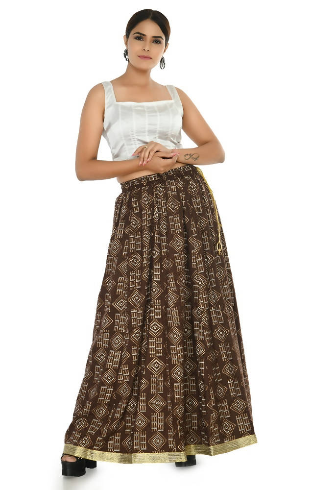 Coffee Brown Printed Cotton A-Line Floor Length Bohemian Lehenga