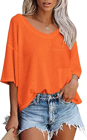 Women's Pink Waffle Knit V-Neck Short Sleeve Casual Loose Shirt - Image 27