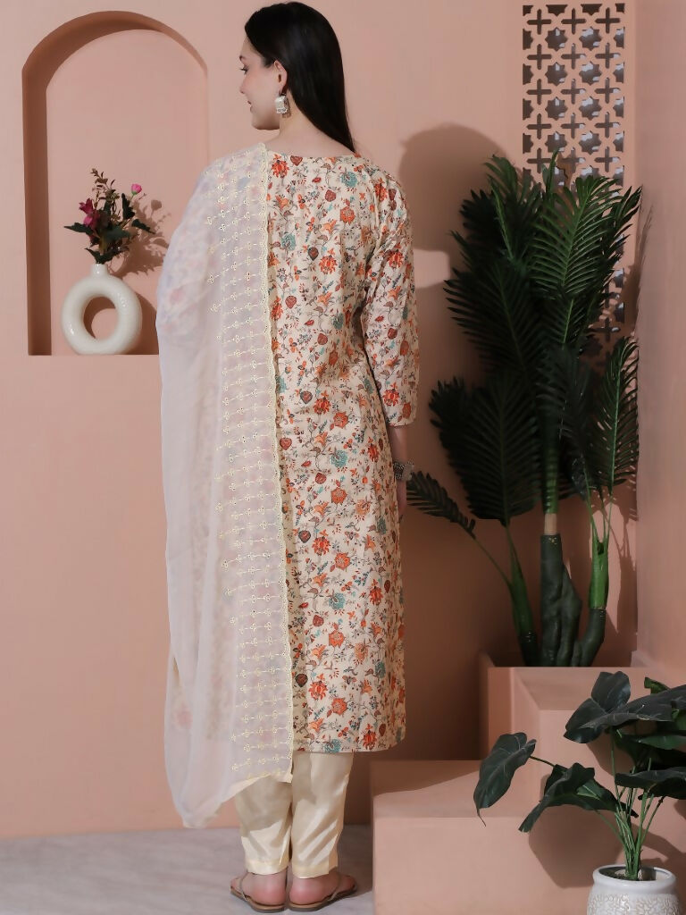 Beige Cotton Floral Print Straight Kurta Set with Dupatta
