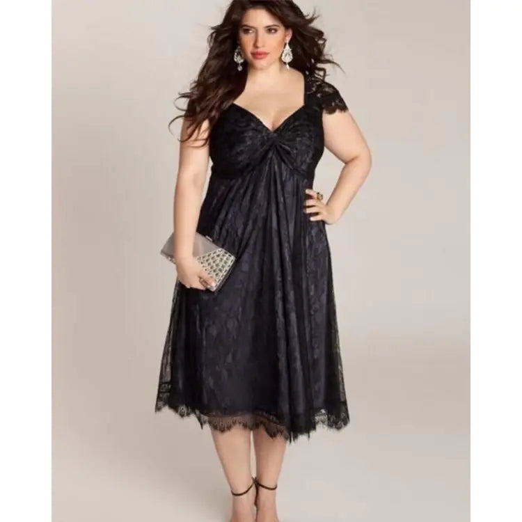 Women's Gothic Lace Midi Dress with V-Neck and Cap Sleeves - Image 2
