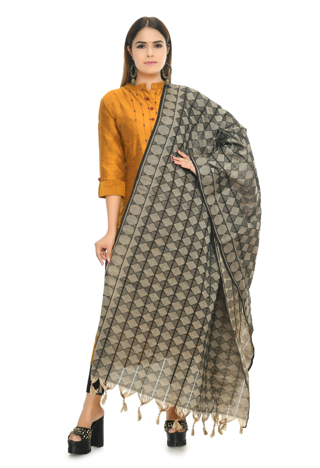 Handloom Black Cotton Dupatta - Elegant Traditional Accessory
