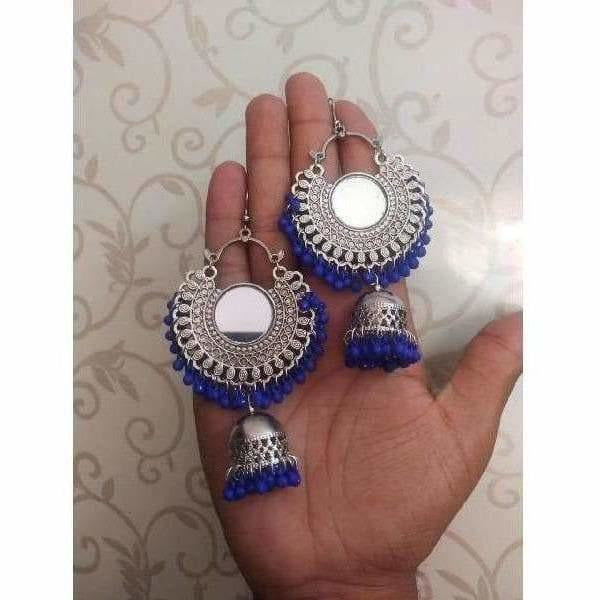 Blue beaded oxidized jhumka earrings for ethnic outfits