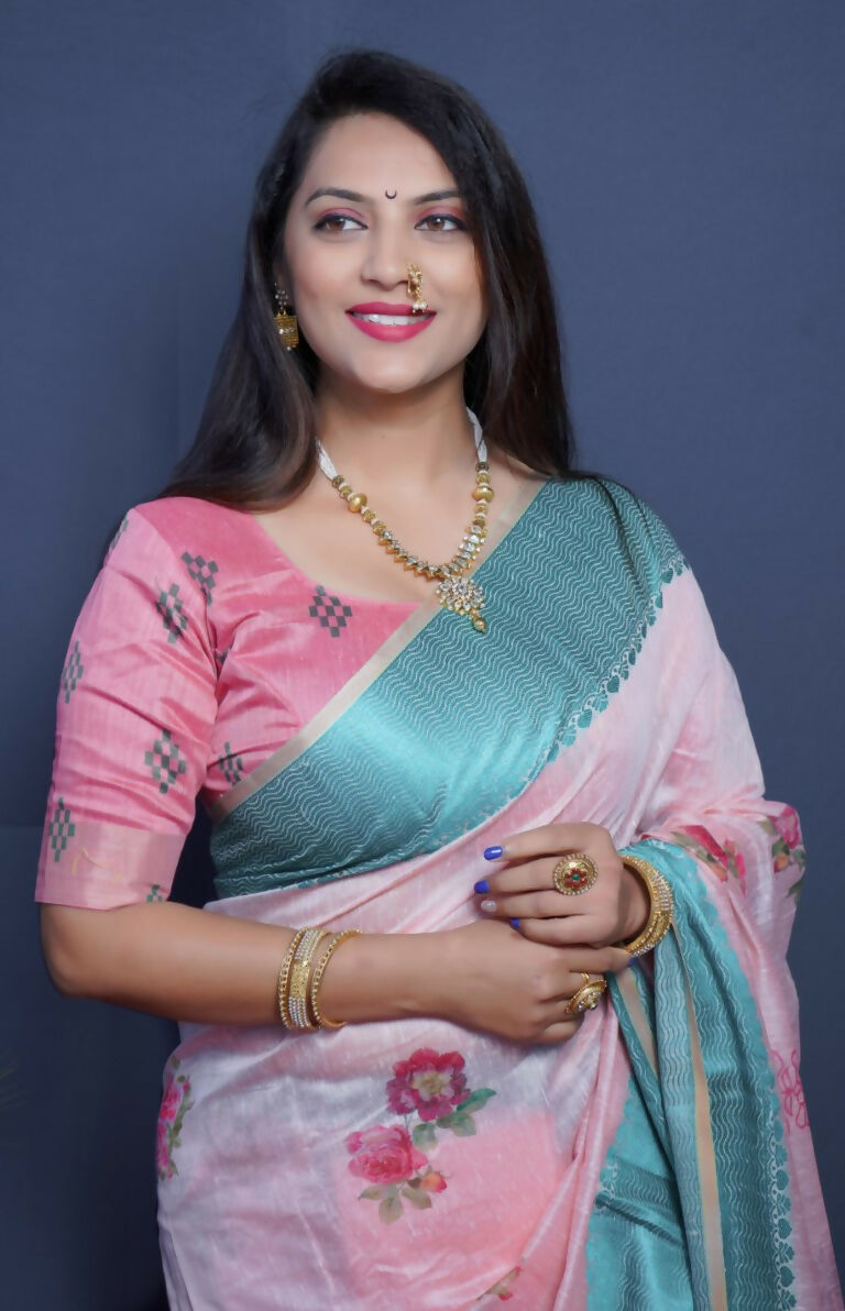 Teal Linen Silk Saree with Digital Print and Jacquard Border