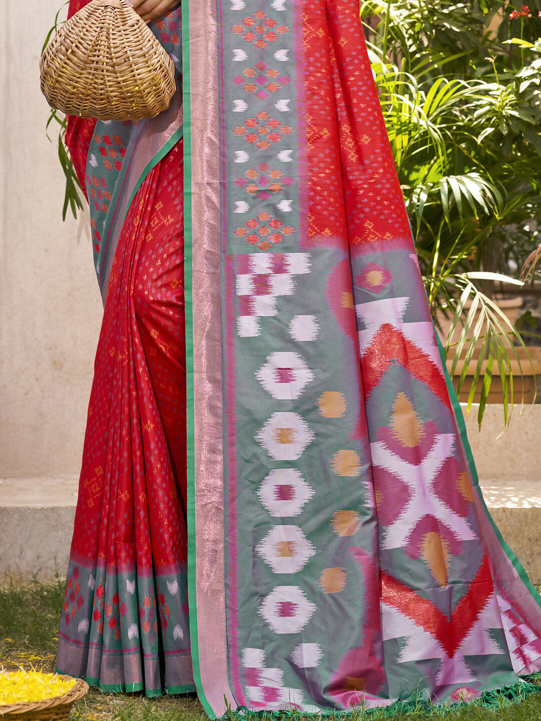 Yellow Pochampalli Silk Saree with Rust Blouse
