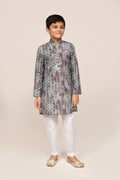 Kids grey geometric print cotton silk kurta with white straight fit pants