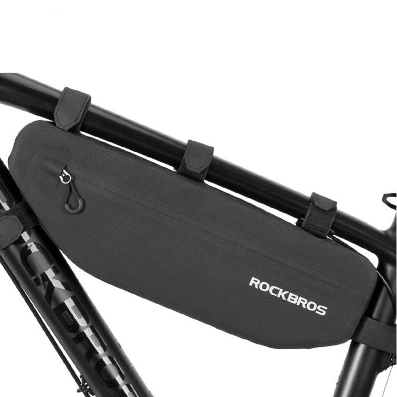 Black waterproof bicycle top tube frame bag mounted on a road bike