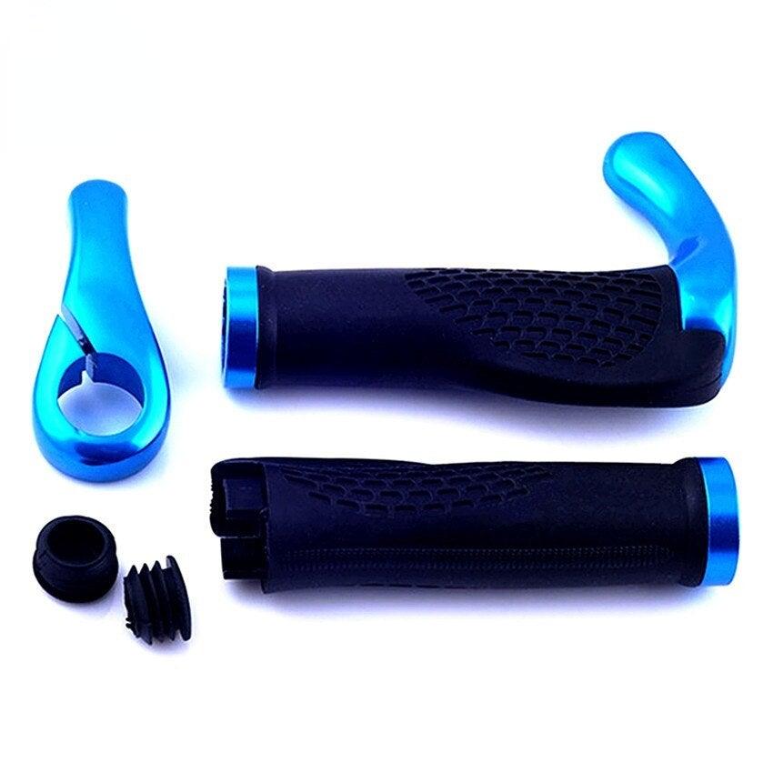 Set of black, blue, or white rubber mountain bike handlebar grips with aluminum lock-on rings.