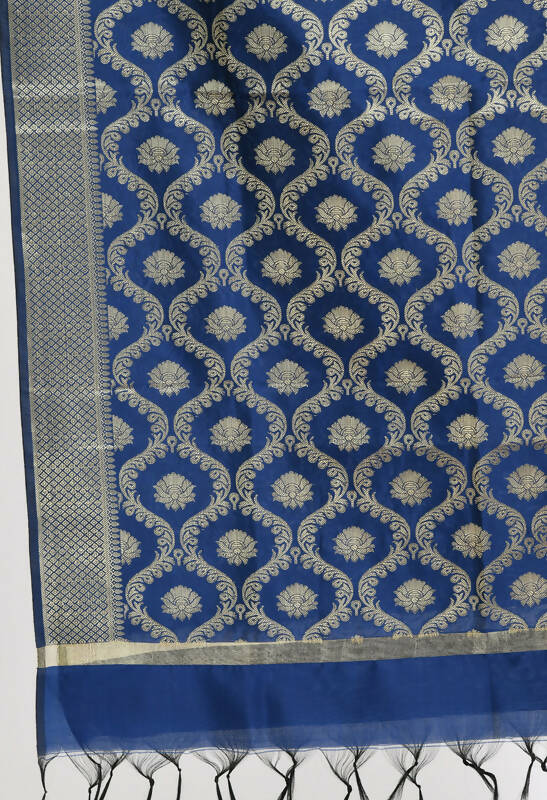 Women's Banarsi Silk All Over Woven Design Navy Blue Dupatta