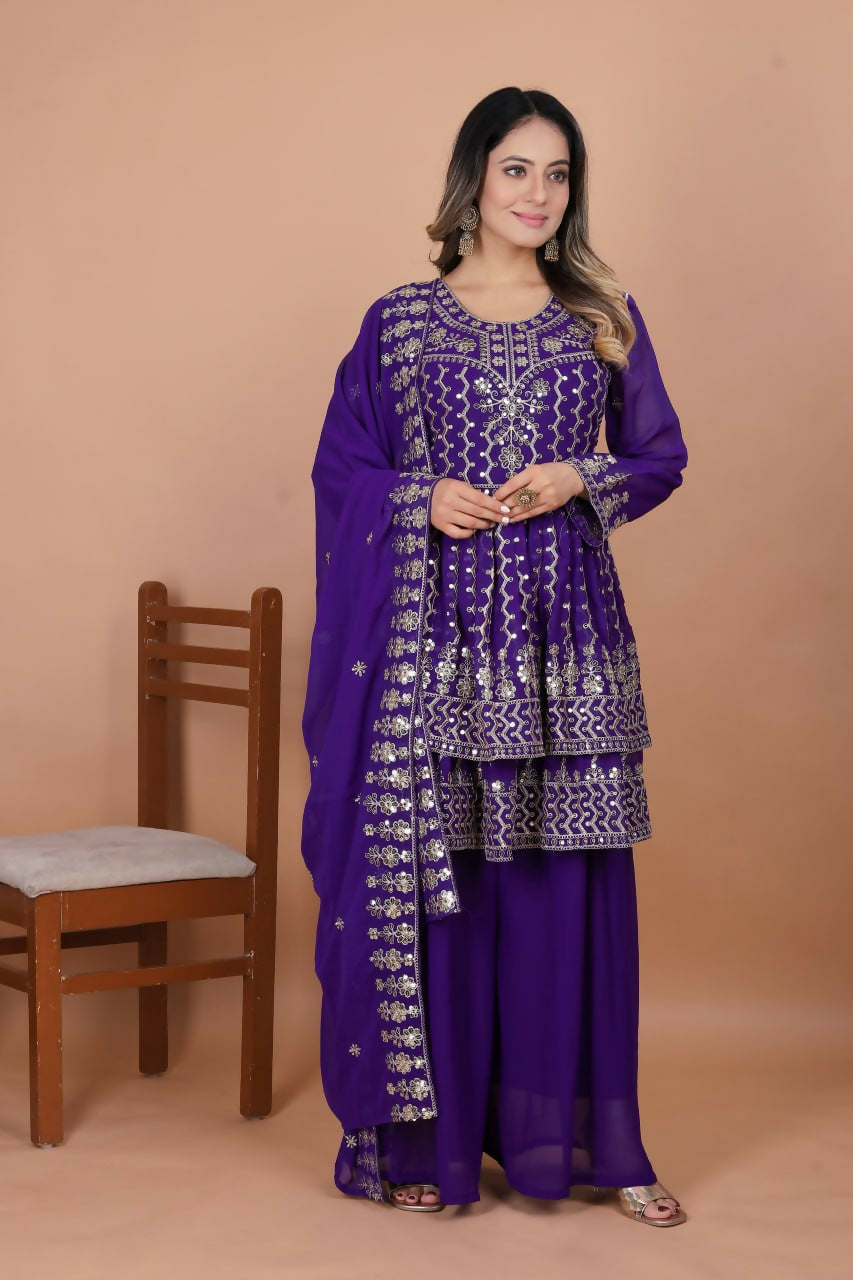 Purple Georgette Embroidered Sharara Set with intricate embroidery detail