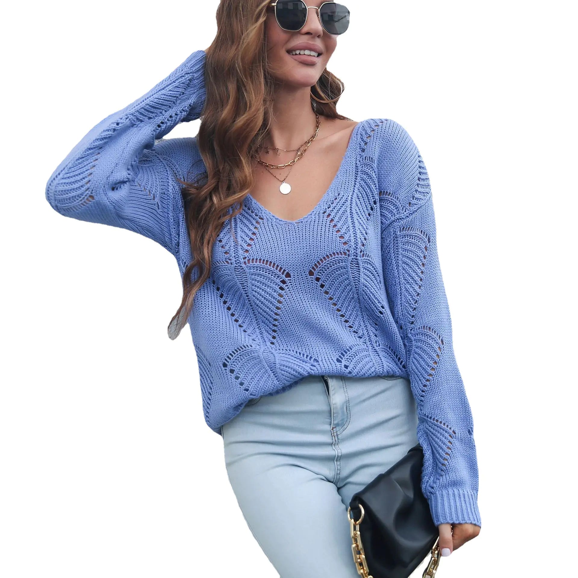 Women's Hollow Leaf Pattern V-Neck Long Sleeve Knit Sweater - Image 9