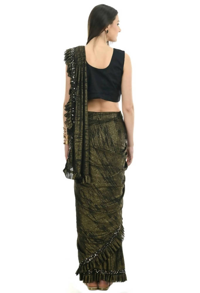 Olive Green and Black Ruffled Ready-to-Wear Lycra Saree