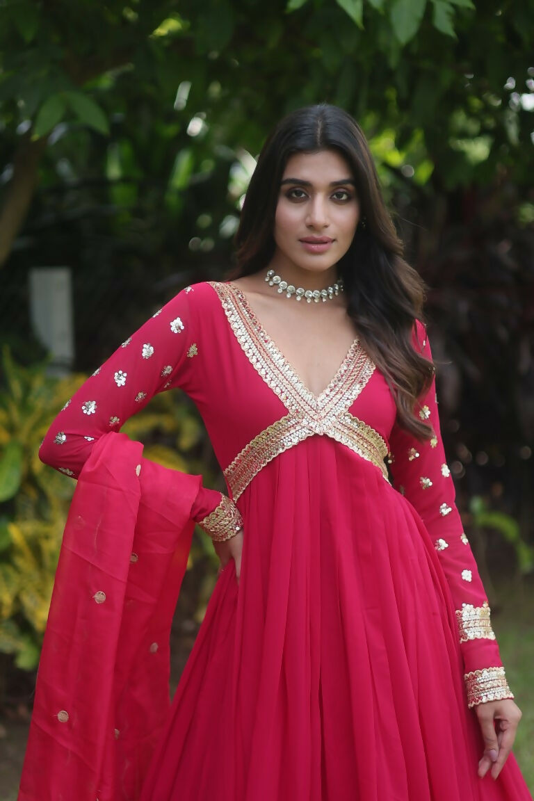 Rani Pink Faux Blooming Sequins Zari Embroidered Anarkali Dress