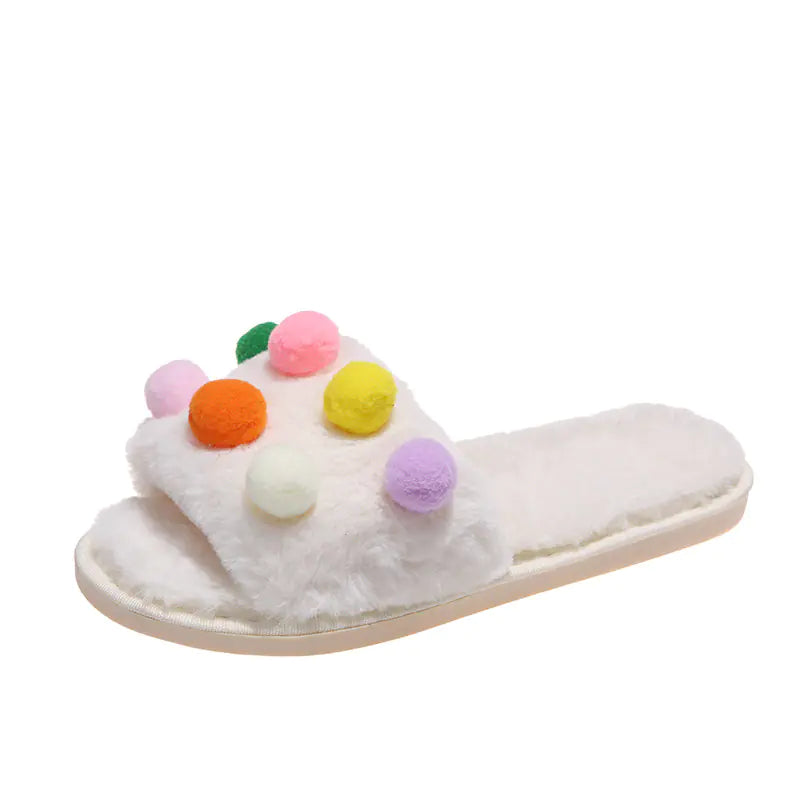 Women's Fluffy Pom Pom Slippers Open Toe House Slides - Image 8