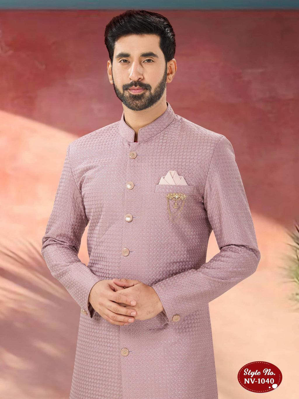 Men's Pink Straight Kurta Set with Silk Thread and Sequence Work