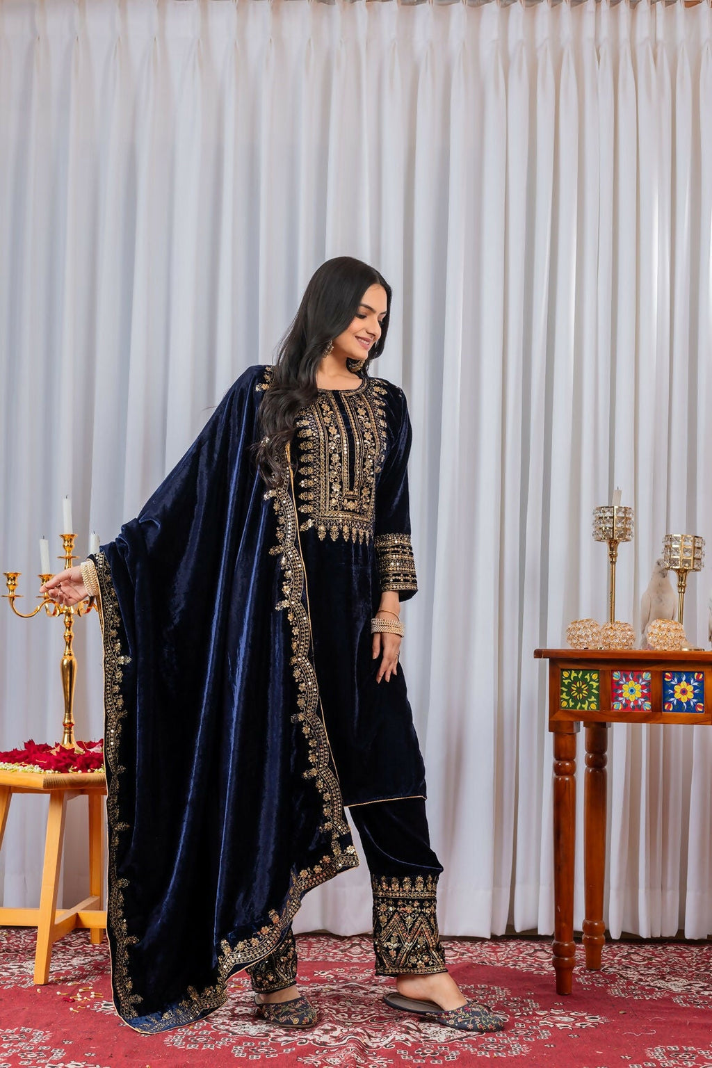 Navy Blue Velvet Kurta Set with Sequence Embroidery