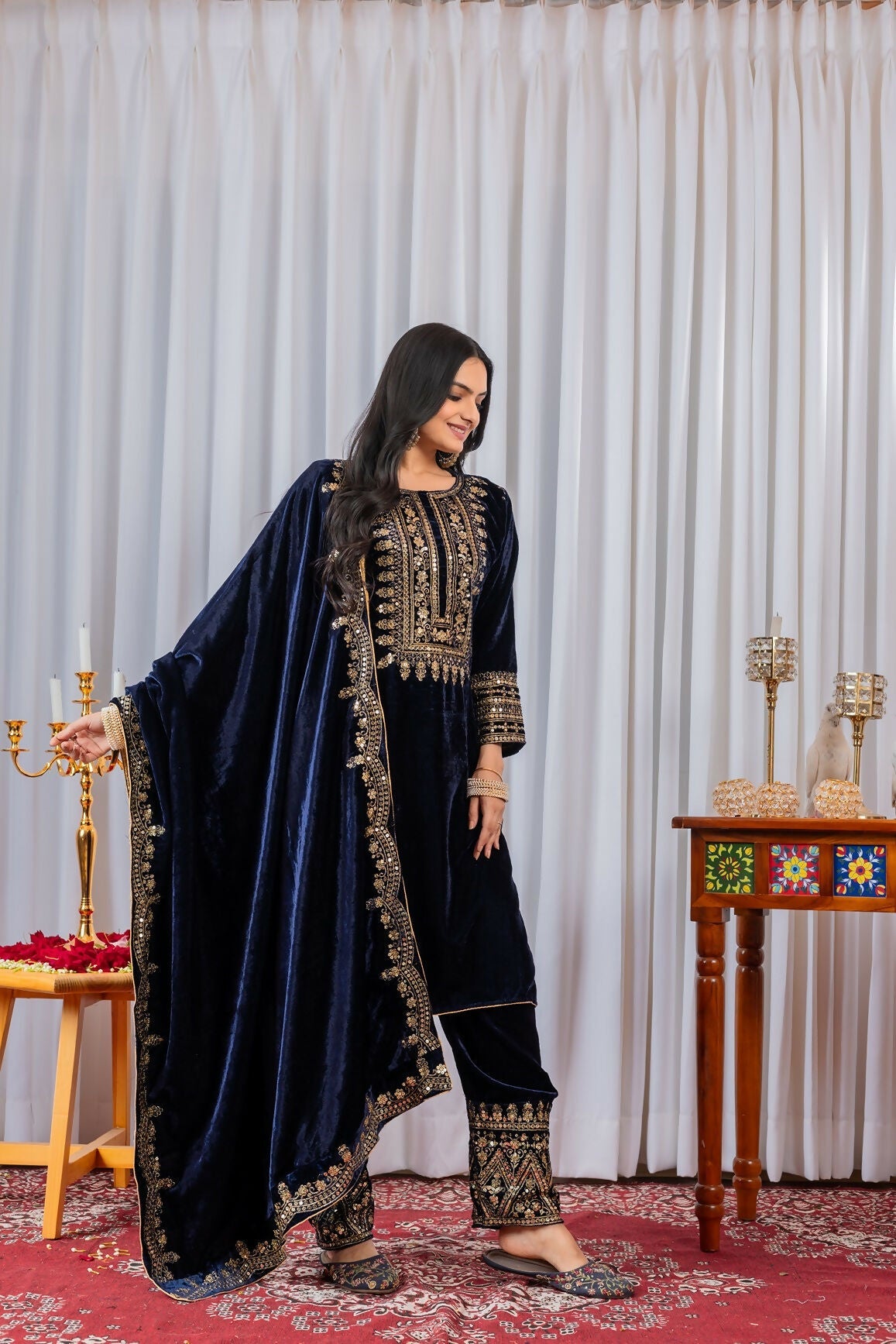 Navy Blue Velvet Kurta Set with Sequence Embroidery